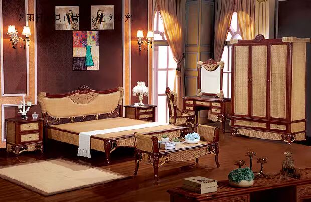 Mây mây giường 1,8 m mây tủ đầu giường tủ quần áo bàn trang điểm nội thất phòng ngủ kết hợp bộ giường - Bộ đồ nội thất giường ngủ thông minh