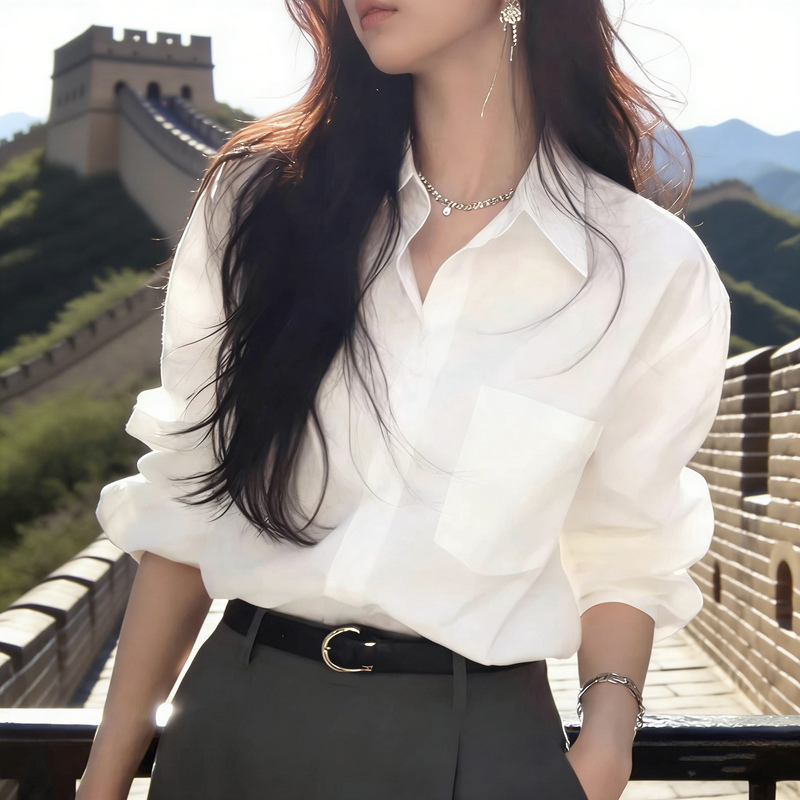 Spring and Autumn New Style Simple Pure Cotton White Long-Sleeved Shirt for Women, Loose, Elegant, Stylish, High-End, Slimming Base Shirt Spring and Autumn New Style Simple Pure Cotton White Long-Sleeved Shirt for Women, Loose, Elegant, Stylish, High-End, Slimming Base Shirt