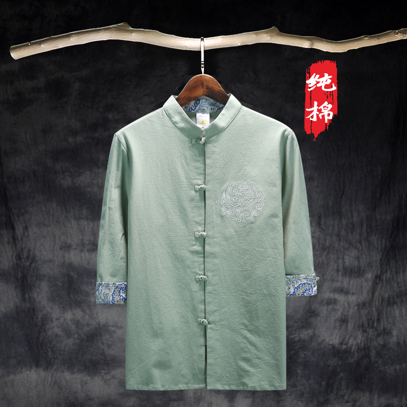 New Chinese wind all-cotton disc buckle upright collar short sleeve pure color medium sleeves Tang fit 7 Sleeves Lace Sleeves Shirt Young Men