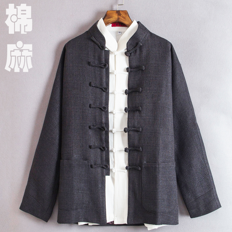 China Wind men's clothing linen jacket Spring and autumn retro ancient Tang dress Men's Chinese cotton linen long sleeve blouses in the national wind