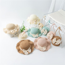Summer childrens straw hat wavy edge straw hat bag two-piece set stylish and cute bow sun protection sun hat