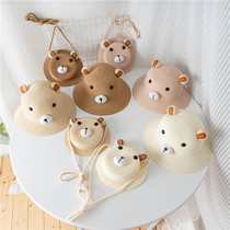 Childrens straw hat bag set cartoon pattern cute sun hat beach hat boys and girls baby cool hat trend