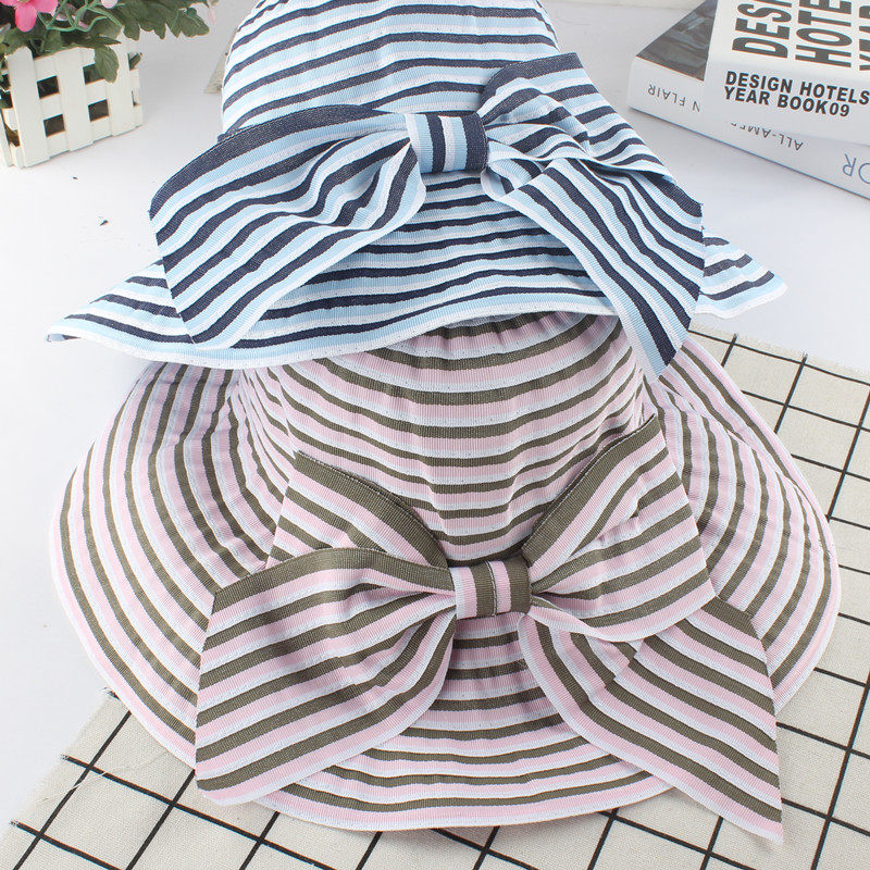 新遮阳帽女夏天可折叠帽子潮出游度假条纹大蝴蝶结布帽宽檐太阳帽详情8