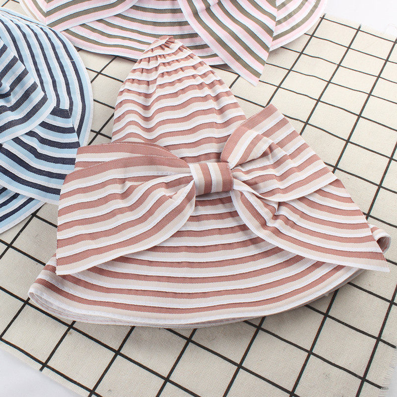 新遮阳帽女夏天可折叠帽子潮出游度假条纹大蝴蝶结布帽宽檐太阳帽详情2