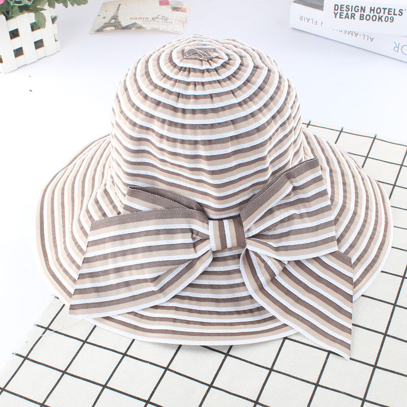 新遮阳帽女夏天可折叠帽子潮出游度假条纹大蝴蝶结布帽宽檐太阳帽详情7
