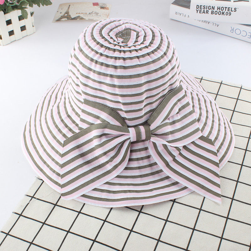 新遮阳帽女夏天可折叠帽子潮出游度假条纹大蝴蝶结布帽宽檐太阳帽详情9