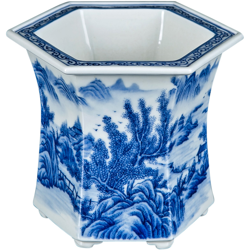 Jingdezhen blue and white porcelain hand - made six - party pot podocarpus potted orchid the plants flower huai household in the basin