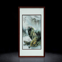 Jingdezhen hand-painted landscape porcelain plate painting Chinese study corridor solid wood frame hanging painting living room decoration painting