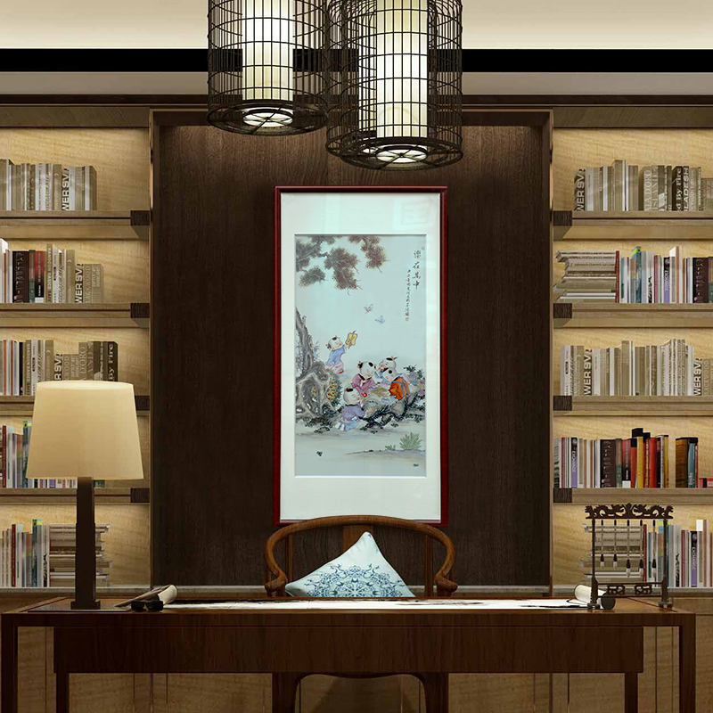 Jingdezhen porcelain plate painting enamel Chinese study solid wooden frame, hang a picture to the sitting room porch ceramic decoration