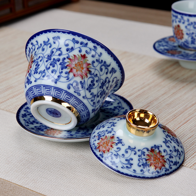 Hand draw the see colour tea set household jingdezhen blue and white tie up branch lotus kung fu tea tea cups an artifact