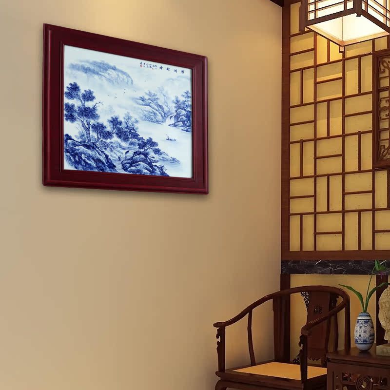 Jingdezhen porcelain plate painting Chinese blue and white solid is hand - made wooden frame, square landscape painting the sitting room is the study of single adornment