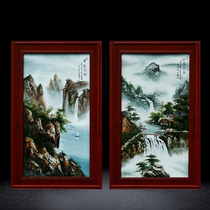Jingdezhen hand-painted Chinese landscape porcelain plate painting home study corridor solid wood frame hanging painting living room background decoration painting