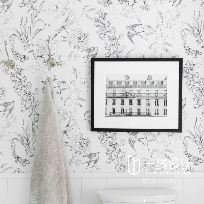 British imported wallpaper English country Swallow French luxury black and white pencil painting Sibylla Garden spot