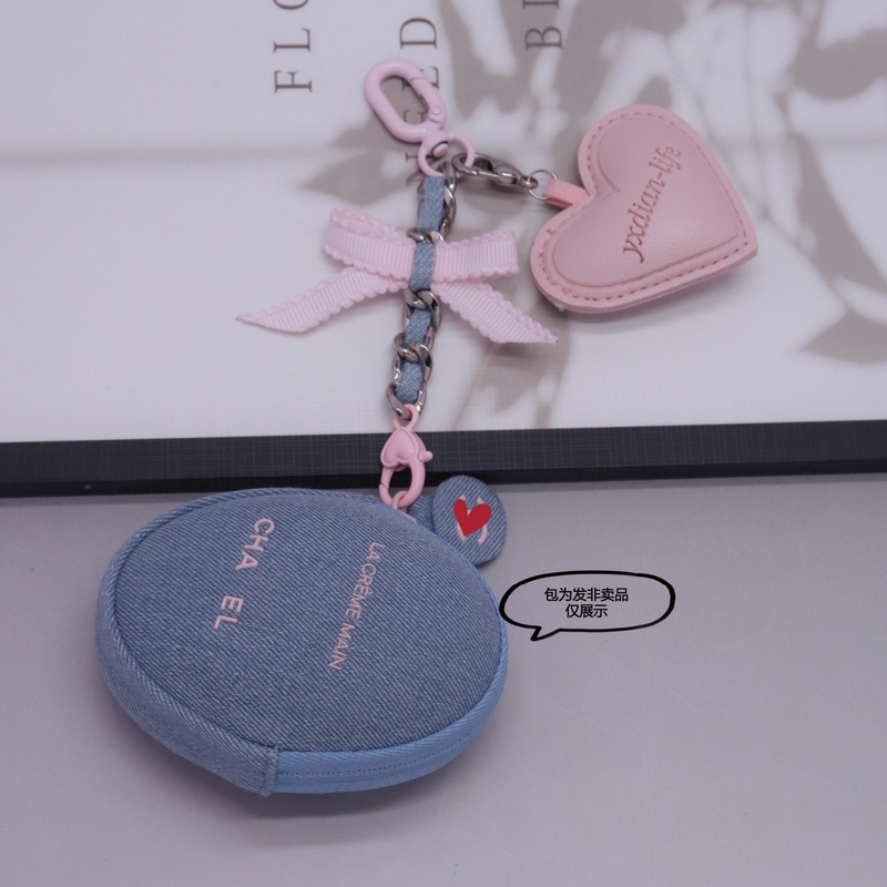 Denim Blue Denim Metal Chain Heart Bow Bag Pendant Niche Design Chain Keychain Decorative Accessory