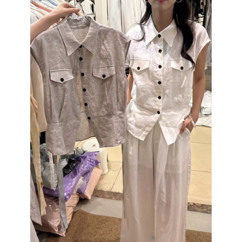 2026 Summer Elegant Style Ramie Shirt for Women, Short Sleeve, Turn-Down Collar, Buttoned, Slim Fit, Waist-Cinching, Slimming Top