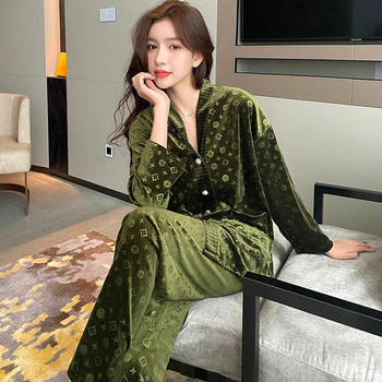 High-quality small fragrance pajamas women's gold velvet spring and autumn embossed luxury diamond velvet homewear suit can be worn outside