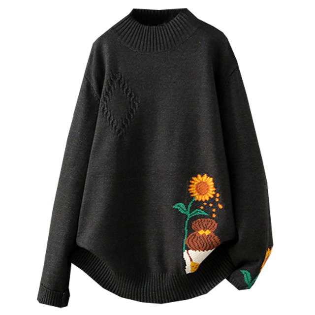 Autumn and winter large size 200Jin [Jin equals 0.5kg] loose casual half turtleneck long-sleeved pullover sweater for women versatile literary embroidered sweater