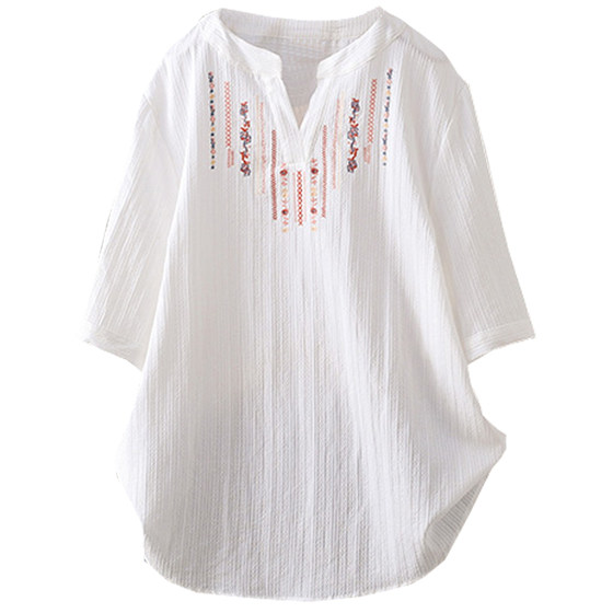 夏季大码200斤民族风彩色减龄V领刺绣短袖通勤衬衫遮肉显瘦上衣潮