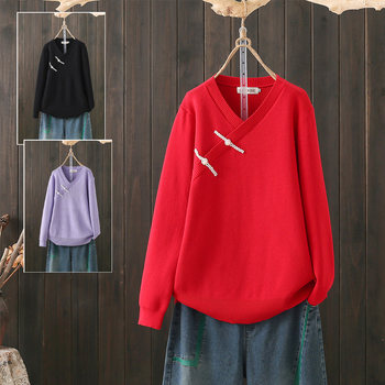 Spring and autumn large size 200 jin jin is equal to 0.5 kg. retro chinese style buckle, lazy, high-end, slimming, trendy red age-reducing sweater