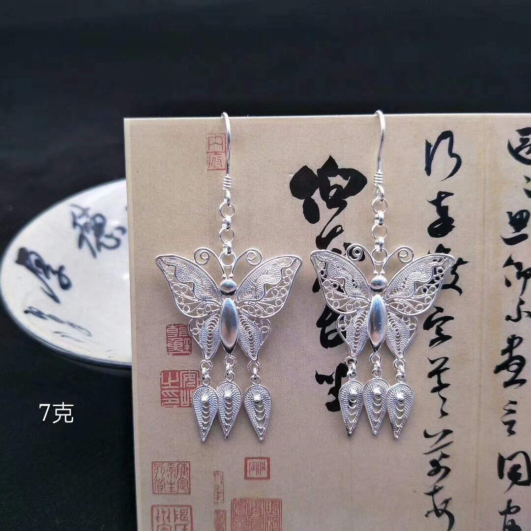 Pure Silver National Wind Handmade Pinch Technique Earrings Earrings Earrings earrings Ears Pendant Lady Ear Hook Earrings