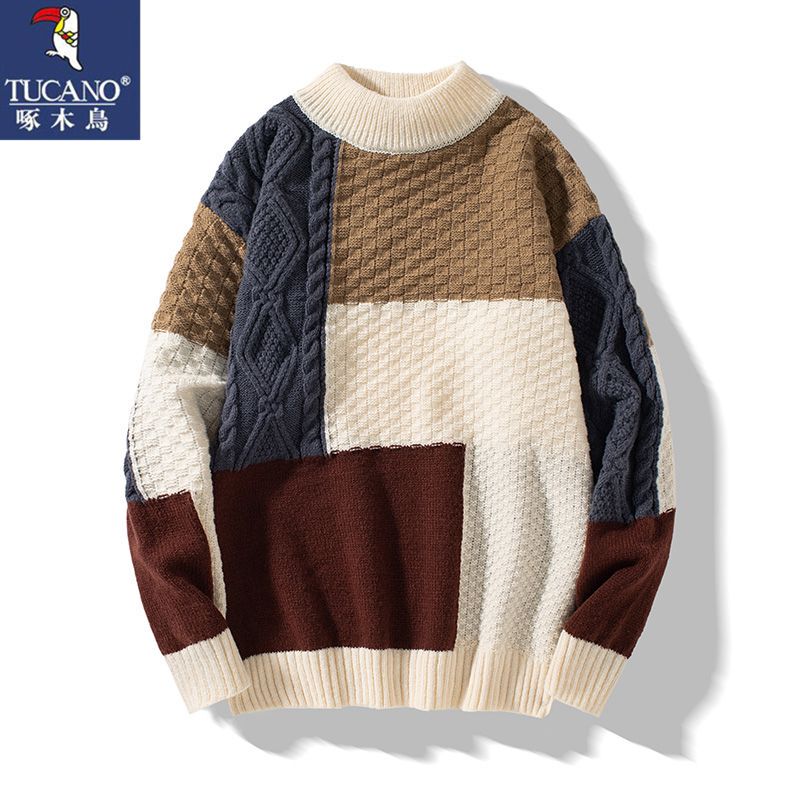 Woodpecker Half-Turtleneck Sweater for Men, Japanese Style, New Autumn and Winter Color-Blocking Personalized Knitwear, Trendy Thickened Knit Sweater Woodpecker Half-Turtleneck Sweater for Men, Japanese Style, New Autumn and Winter Color-Blocking Personalized Knitwear, Trendy Thickened Knit Sweater