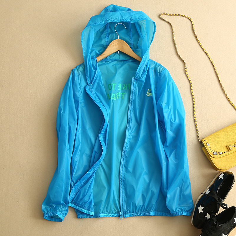 Fluorescent Blue Candy Blue Waterproof Breathable Material Women's Hooded Thin Sun Protection Jacket Raincoat Export Export