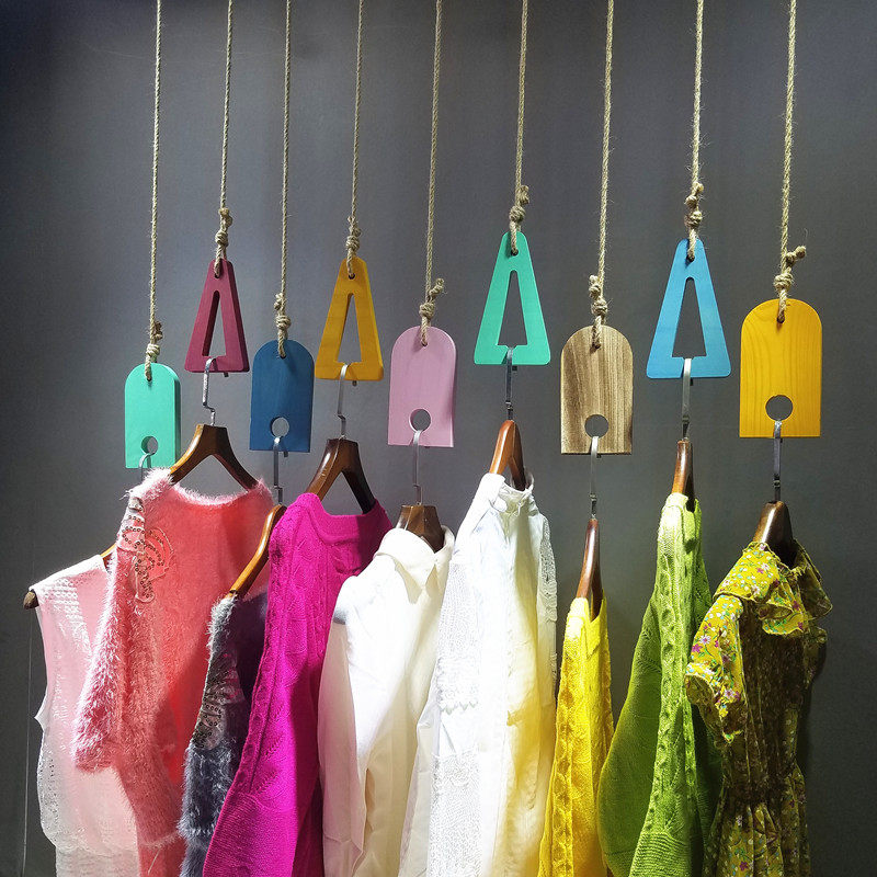 Solid Wood Retro Hanger Clothing Shop Hanging Chain Display Rack Upper Wall Clothing Rack Hemp Rope Rings Women's Clothing Hanging Clothes Hanger