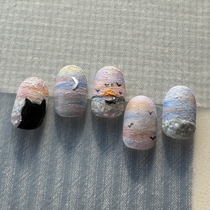 Sunset Beach Oil Painting Style Kitten Wearing Nail Art Monet Style Purple Gradient Niche Nail Stickers