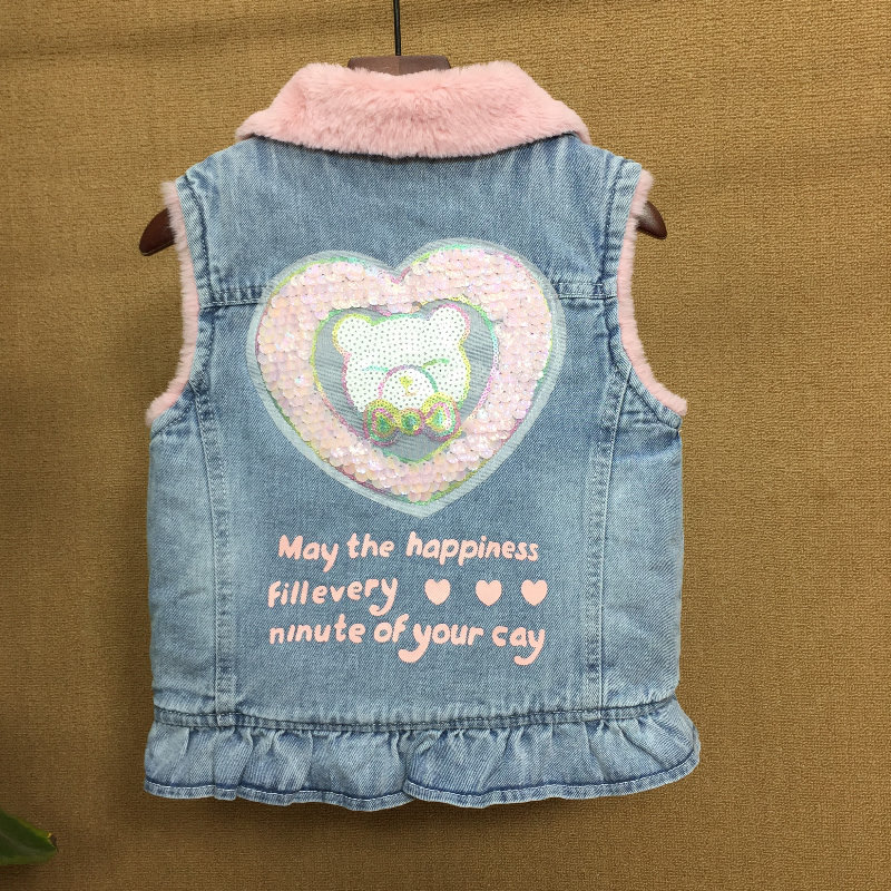 Children plus velvet denim vest thickened 2022 girls tank top shoulder baby girl lamb fur coat tide