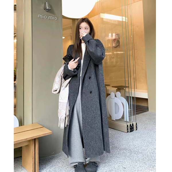 Black and Gray Double-Sided Cashmere Coat for Tall Women, Extra-Long Style, Autumn and Winter, High-End Feel, Extended Version Woolen Overcoat