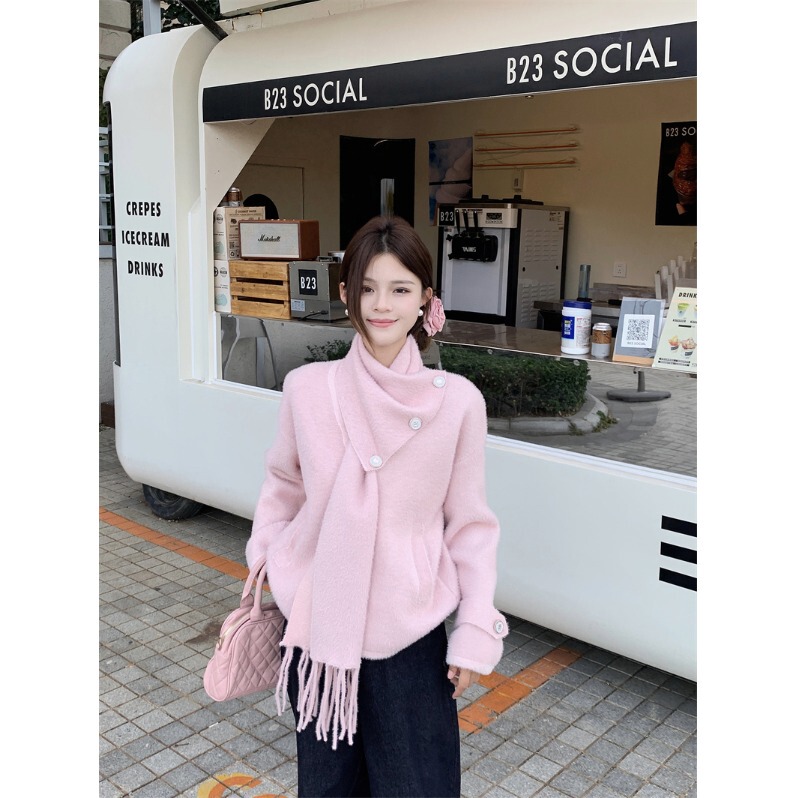 Girls' Knitted Pink Long-Sleeved Sweater for Women, Spring 2026 New Style, Age-Reducing, Sweet, Casual, Loose-Fitting Top with Scarf