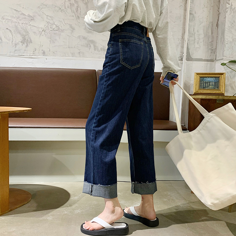 Dark blue jeans women's loose straight 2022 new spring and autumn high waist slim Hong Kong style retro chic pants