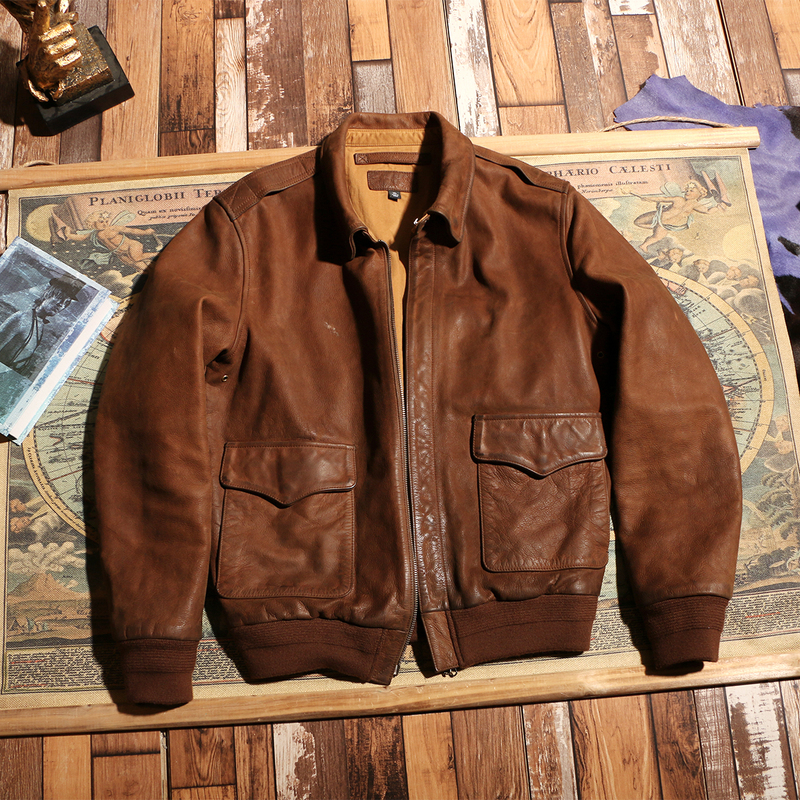 A2 Pilot Jacket, First-Layer Cowhide Leather Jacket, Men's Vintage Distressed Lapel American-Style Retro