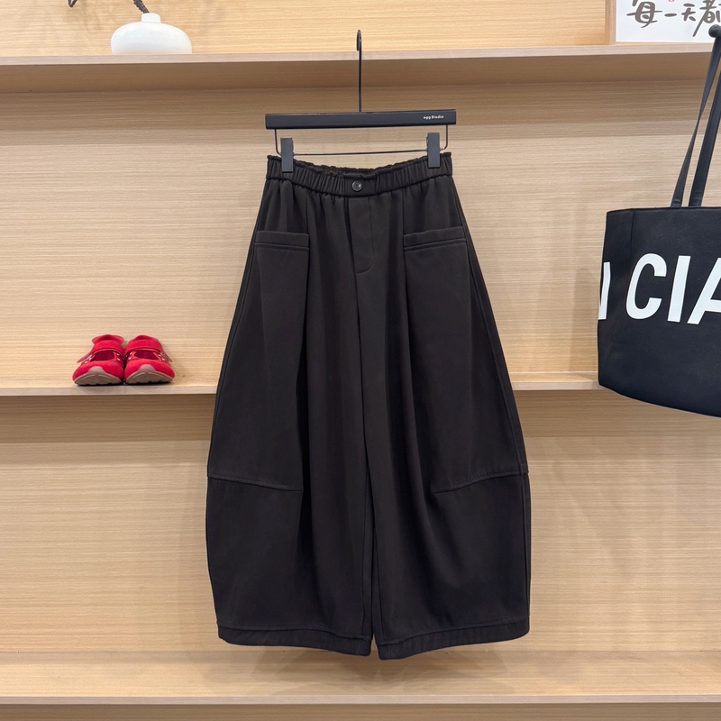 High-End European-Style Winter New Elastic High-Waisted Slimming Fleece-Lined Casual Straight-Leg Wide-Leg Cropped Pants for Women