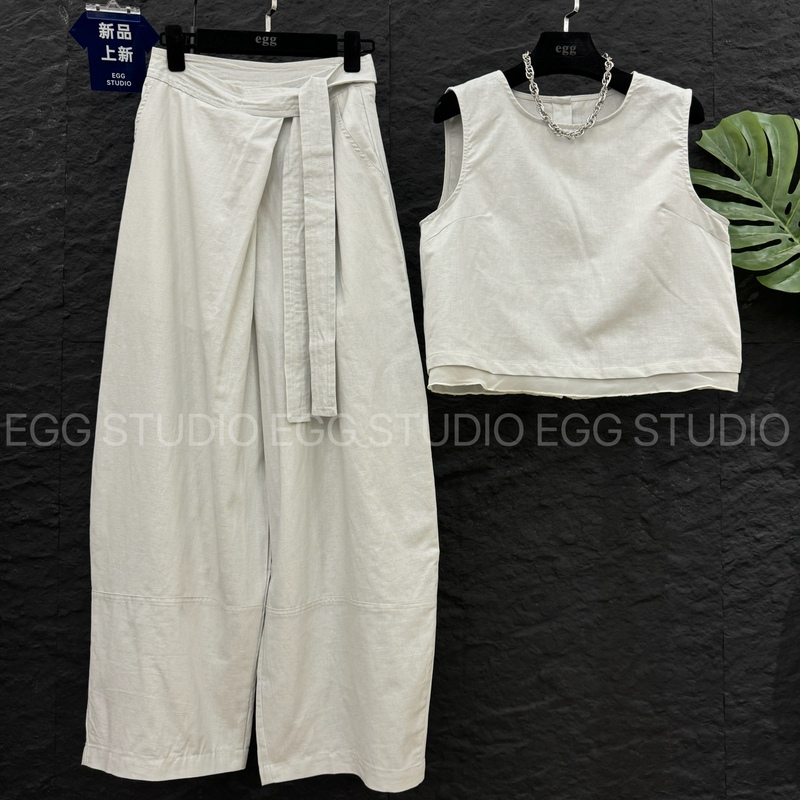 High-End European Goods 2026 Summer New Linen Suit for Women, Sleeveless Vest Top with Tie, Wide-Leg Pants Two-Piece Set