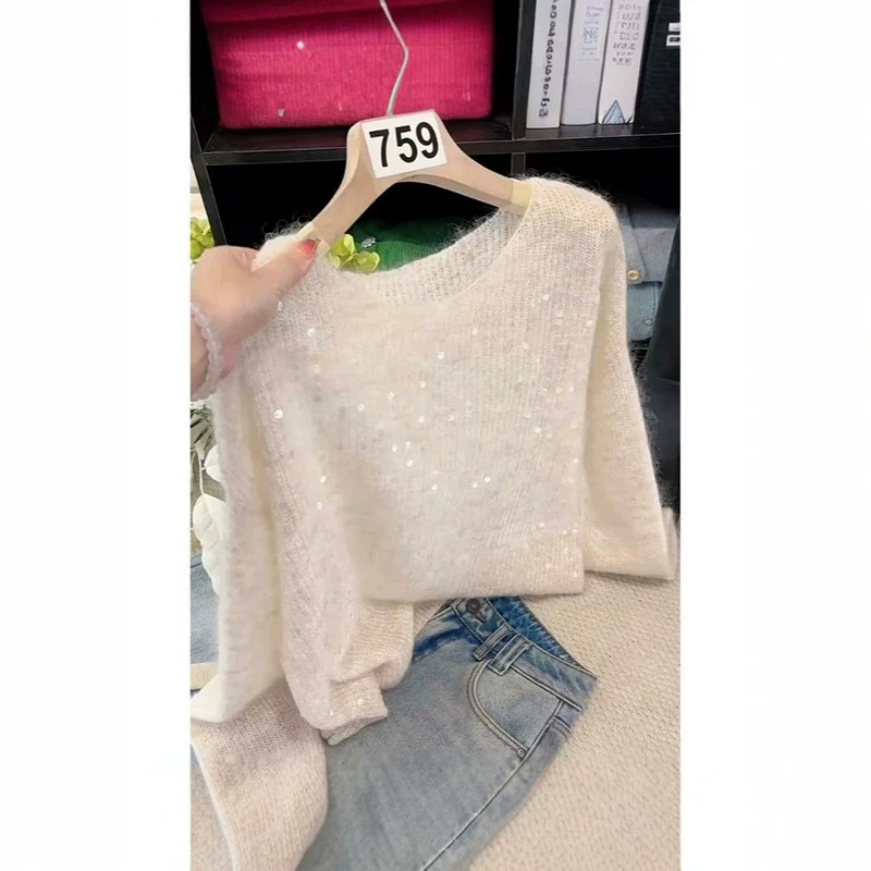 Korean-Style Lazy Chic Sequined Round-Neck Long-Sleeve Knit Sweater for Women, Loose and Soft, Versatile and Gentle Sweater Top, Trendy Korean-Style Lazy Chic Sequined Round-Neck Long-Sleeve Knit Sweater for Women, Loose and Soft, Versatile and Gentle Sweater Top, Trendy