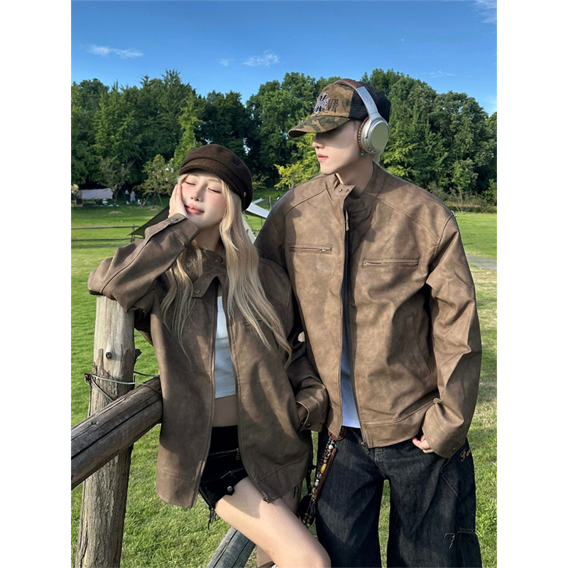 Light Luxury Maillard Brown Pu Leather Jacket for Men and Women 2026 Autumn American Style High-End Couple Casual Jacket Light Luxury Maillard Brown Pu Leather Jacket for Men and Women 2026 Autumn American Style High-End Couple Casual Jacket