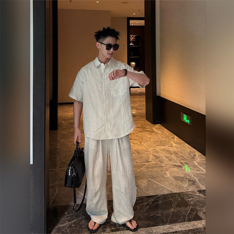 Summer High-End Shirt Set for Men, Old Money Style, Relaxed and Casual Cotton-Linen Short-Sleeve Shirt and Long Pants Two-Piece Set Summer High-End Shirt Set for Men, Old Money Style, Relaxed and Casual Cotton-Linen Short-Sleeve Shirt and Long Pants Two-Piece Set