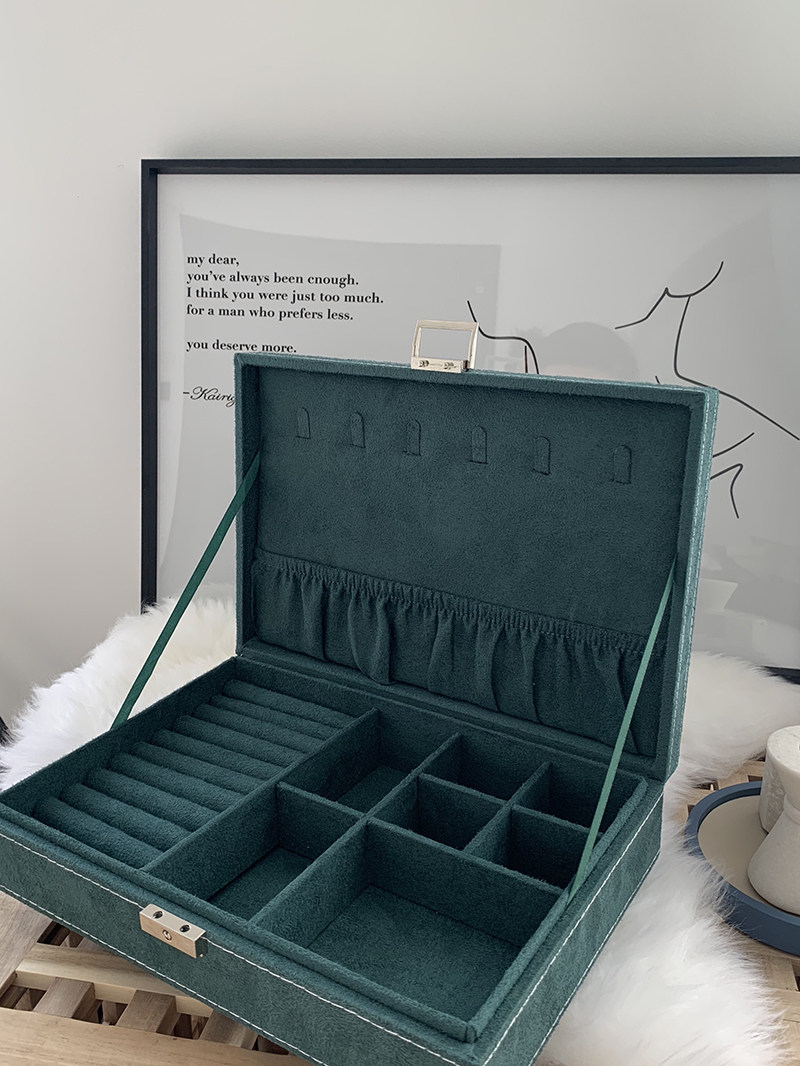 Vintage dark green suede cloth jewelry box earrings necklace jewelry