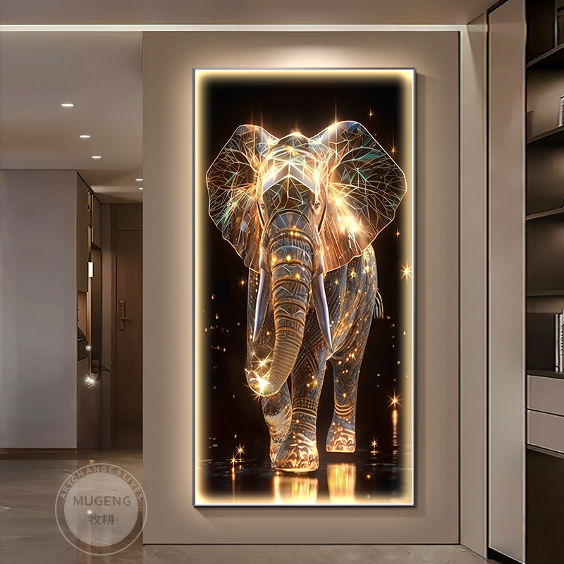 新品·縁起象、壁画、背景、掛画 现代轻奢玄关装饰画高级感大象过道走廊尽头挂画入户门高端壁画灯