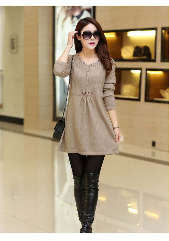 Autumn and winter new cashmere sweater women's round neck pullover knitted sweater medium and long version of 100% pure Kashmir wool inside dress