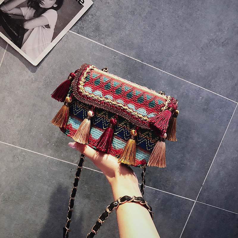 Tassel woven small bag women 2022 new casual all-match single shoulder bag chain Messenger bag ethnic style small square bag
