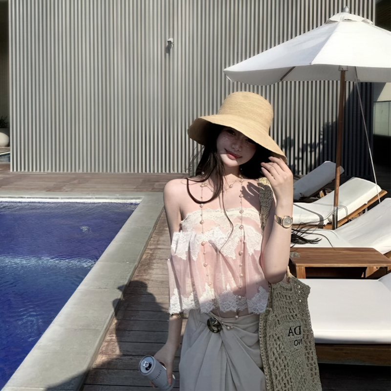 In Stock! Summer Pink Lace Ruched Tube Top, Dual-Wear Style, High-End Beachwear Tank Top from Chiang Mai Diary