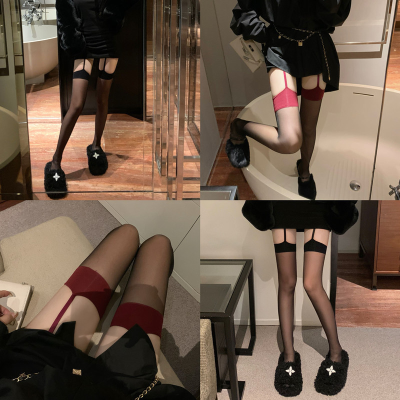 Summer 150 Petite Sexy Suspender Stockings One-Piece Pure Desire Stockings Contrasting Red Edge Black Stockings Long Tube Ultra-Thin Small Size XXS