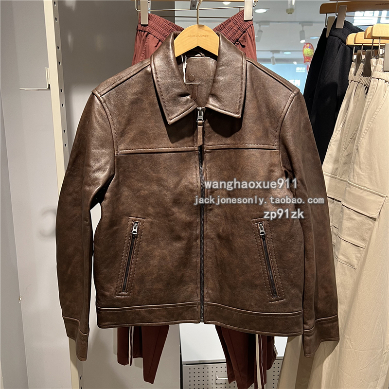 Jack Jones Autumn Men's Turn-Down Collar Genuine Sheepskin Jacket Versatile Textured Zipper Pocket Coat 224410004 Jack Jones Autumn Men's Turn-Down Collar Genuine Sheepskin Jacket Versatile Textured Zipper Pocket Coat 224410004
