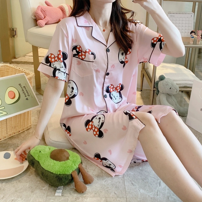 Đồ ngủ phụ nữ mùa hè Váy ngủ cotton Hàn Quốc sexy mỏng dễ thương băng lụa ngắn tay váy mùa xuân và mùa thu dịch vụ tại nhà Mickey - Đêm đầm