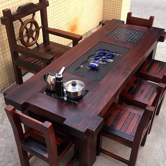 Old Teak Wood Tea Table and Chair Set 1.8m Solid Wood Kung Fu Tea Table Tea Set with Integrated Water Boiler Old Teak Wood Tea Table and Chair Set 1.8m Solid Wood Kung Fu Tea Table Tea Set with Integrated Water Boiler