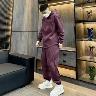 秋冬新款加绒加厚连帽运动休闲套装潮流男时尚百搭卫衣卫裤两件套