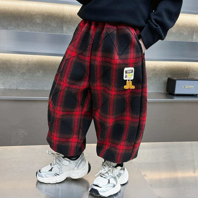 Boys' Plaid Long Pants Spring Outfit Children's Casual Jogger Pants 2026 New Cartoon Baby Lantern Pants Stylish Trousers