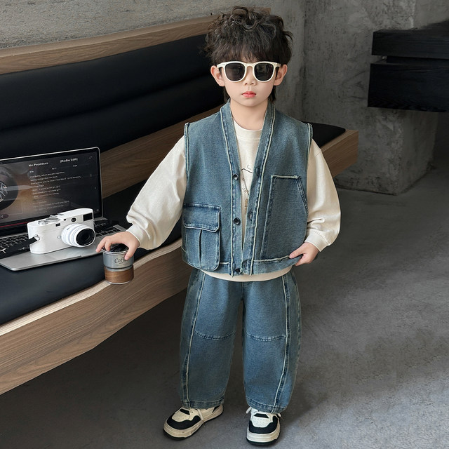 Boys' Three-Piece Vest Set, Thin Spring Outfit, 2026 New Spring and Autumn Fashion, Children's Korean-Style Trendy Denim Suit